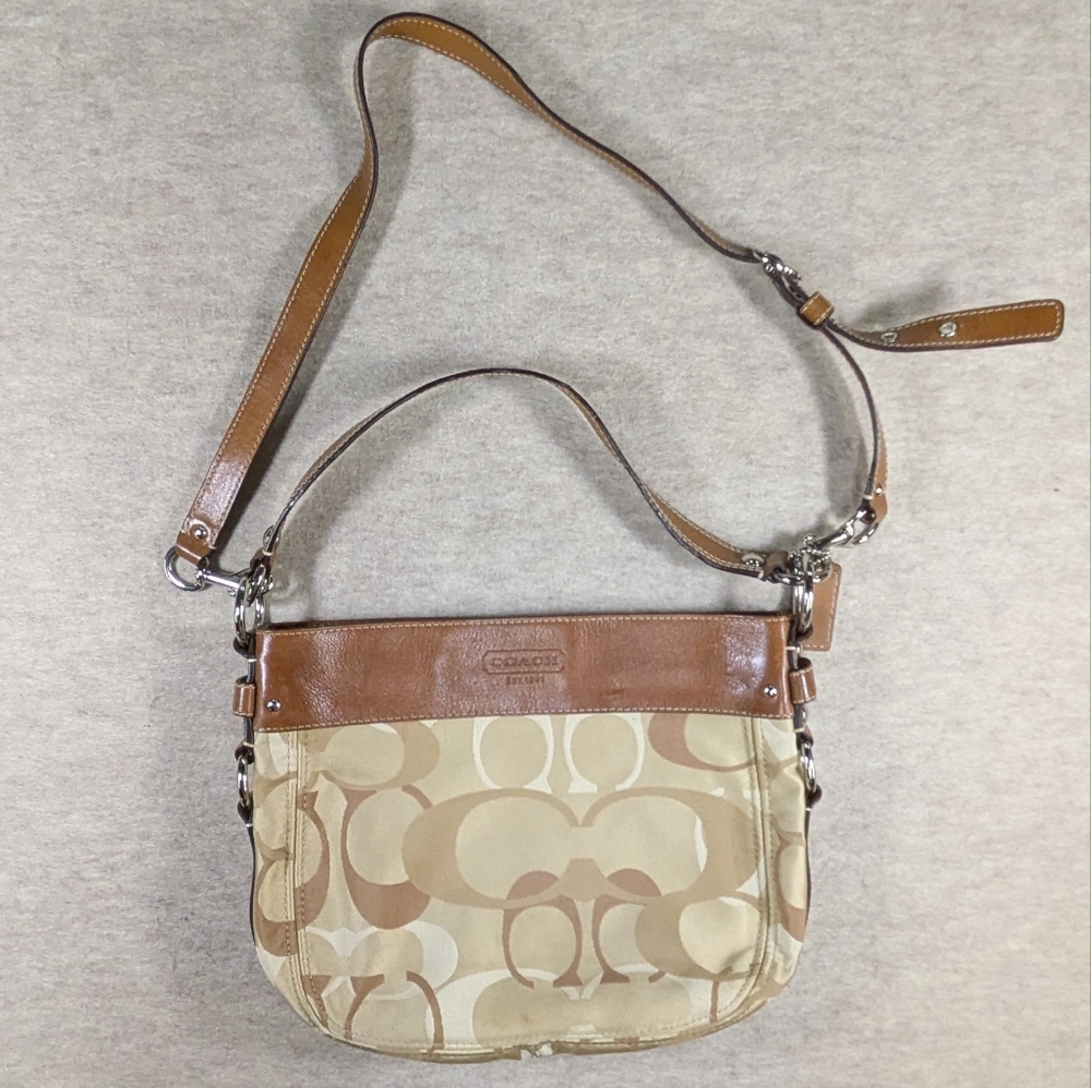 Coach Tan & Brown Zoe Optic Signature Shoulder Hobo Bag Y2K '09 Leather Mid Size